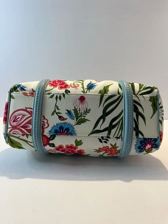 Authentic Christian Dior Floral Canvas Boston Bag Blue Leather Trim w/ Dust Bag - Picture 7 of 15